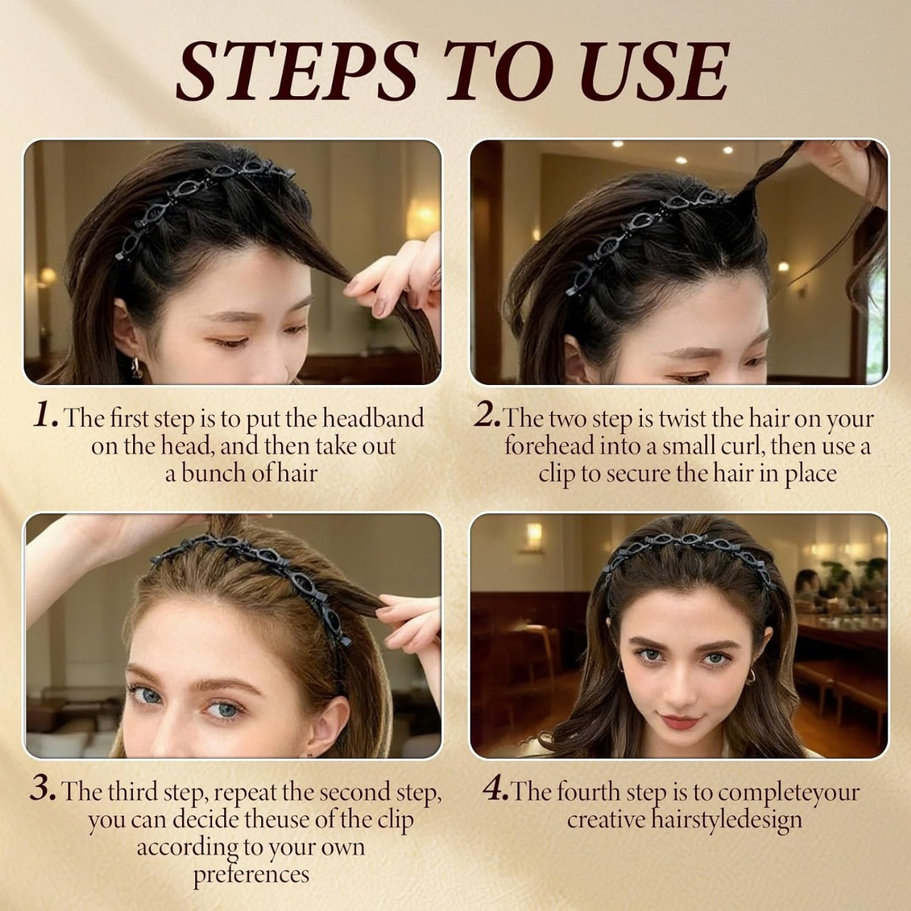 Adjustable Hair Braiding Headband with Built-In Clips