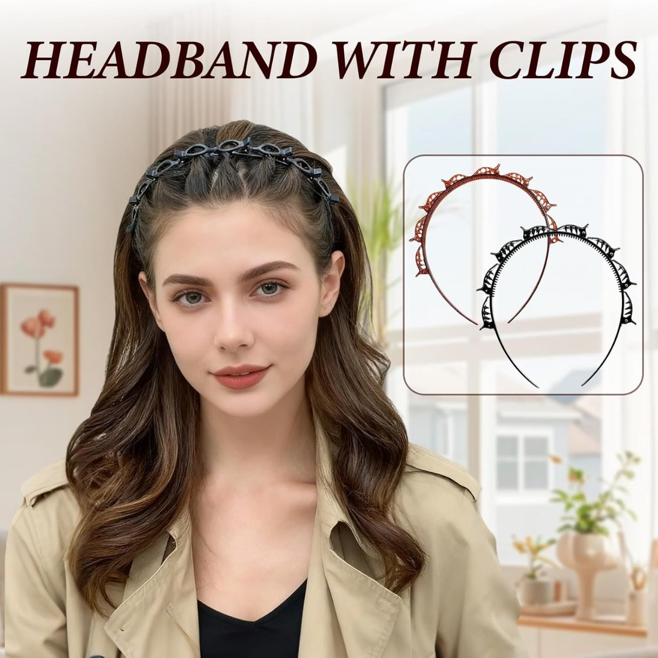 Adjustable Hair Braiding Headband with Built-In Clips