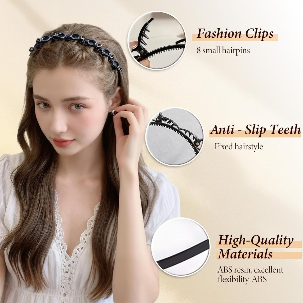 Adjustable Hair Braiding Headband with Built-In Clips