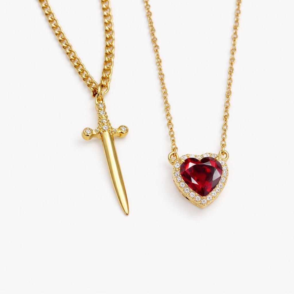 Heart & Sword Necklace Set – Gold Plated