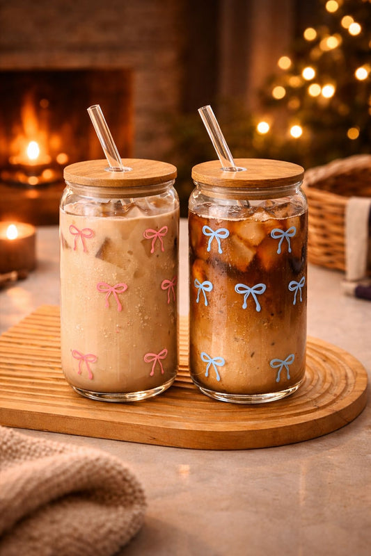 Bow Glass Cup with Bamboo Lid & Glass Straw