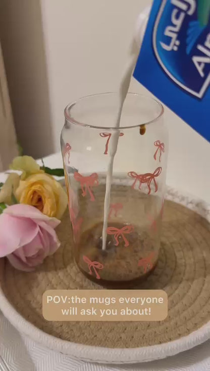 Bow Glass Cup with Bamboo Lid & Glass Straw